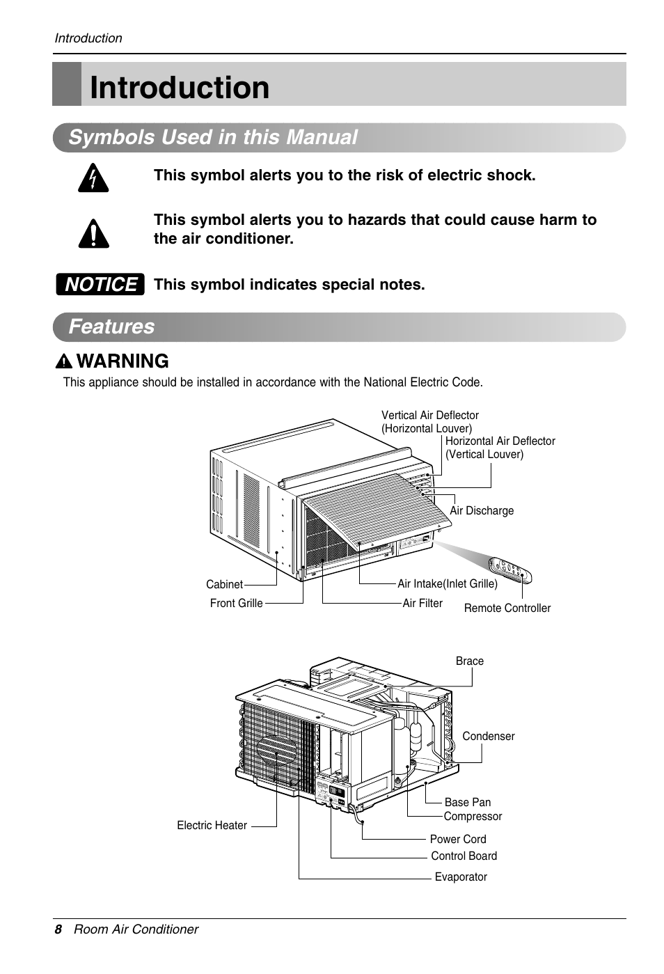 Introduction, Symbols used in this manual features, Notice | LG LW1212HR User Manual | Page 8 / 44