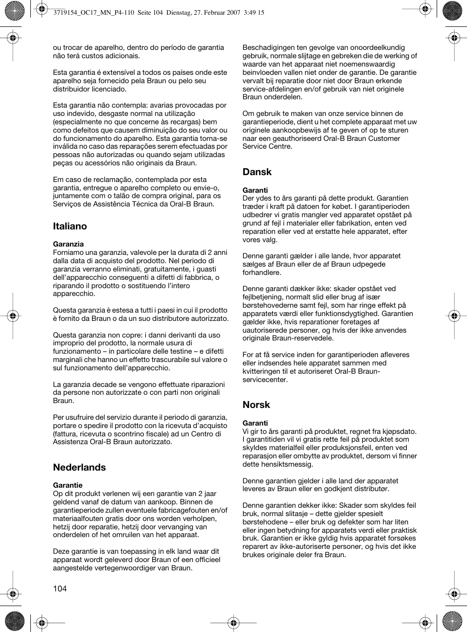 Italiano, Nederlands, Dansk | Norsk | Braun OC17 Professional Care Center User Manual | Page 104 / 107