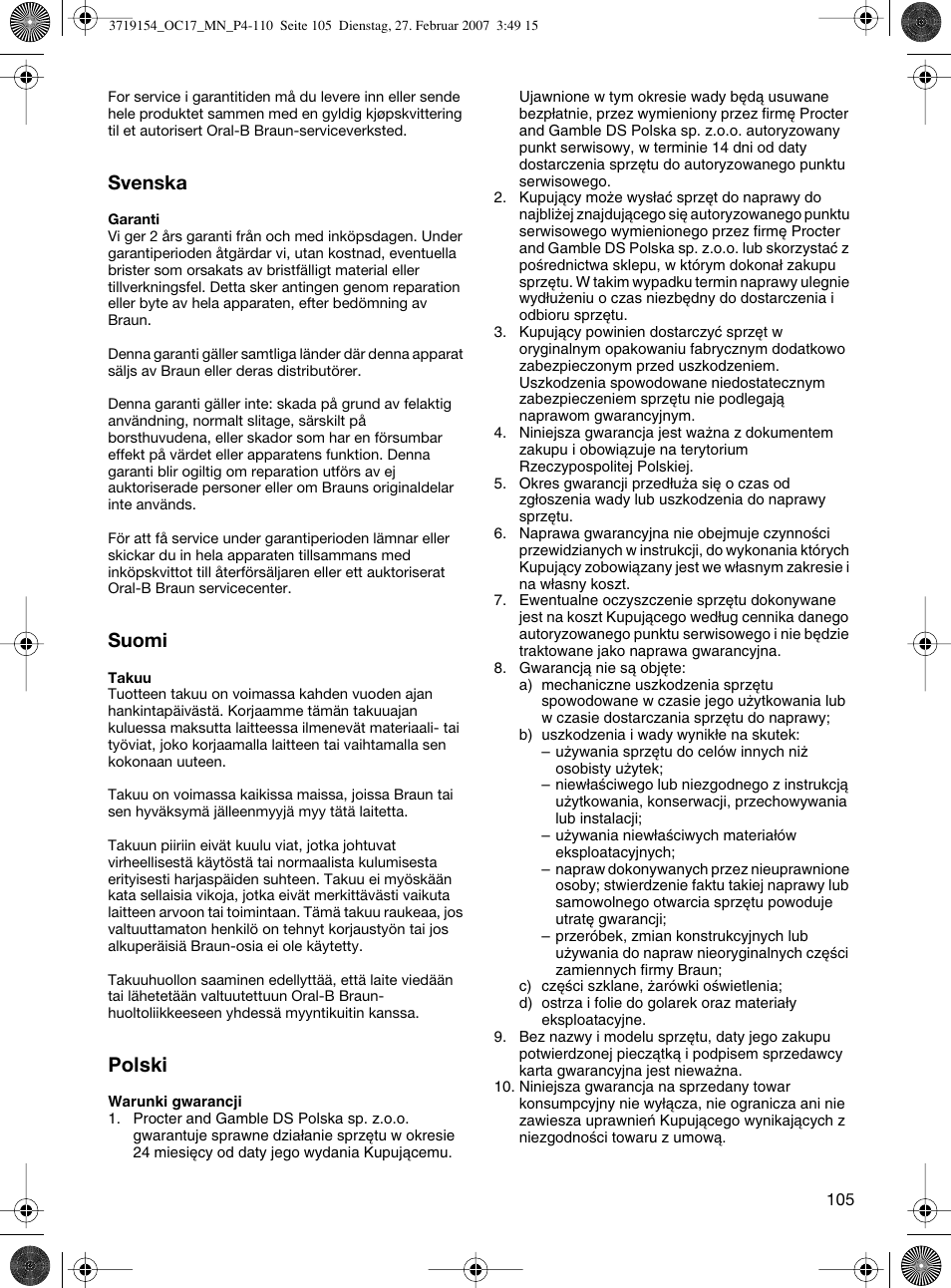 Svenska, Suomi, Polski | Braun OC17 Professional Care Center User Manual | Page 105 / 107