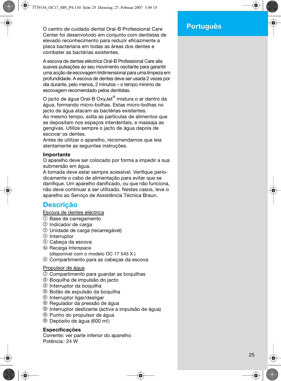 Descrição, Português | Braun OC17 Professional Care Center User Manual | Page 25 / 107