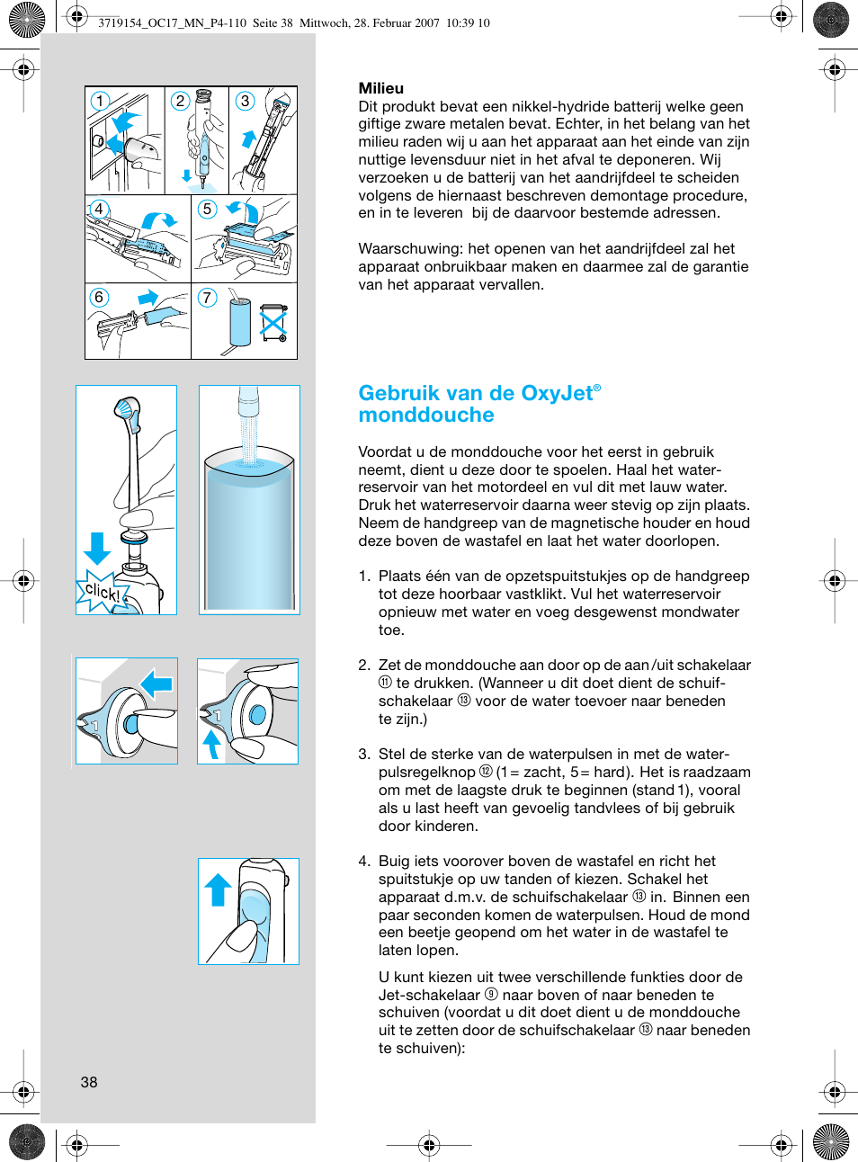 Gebruik van de oxyjet, Monddouche | Braun OC17 Professional Care Center User Manual | Page 38 / 107