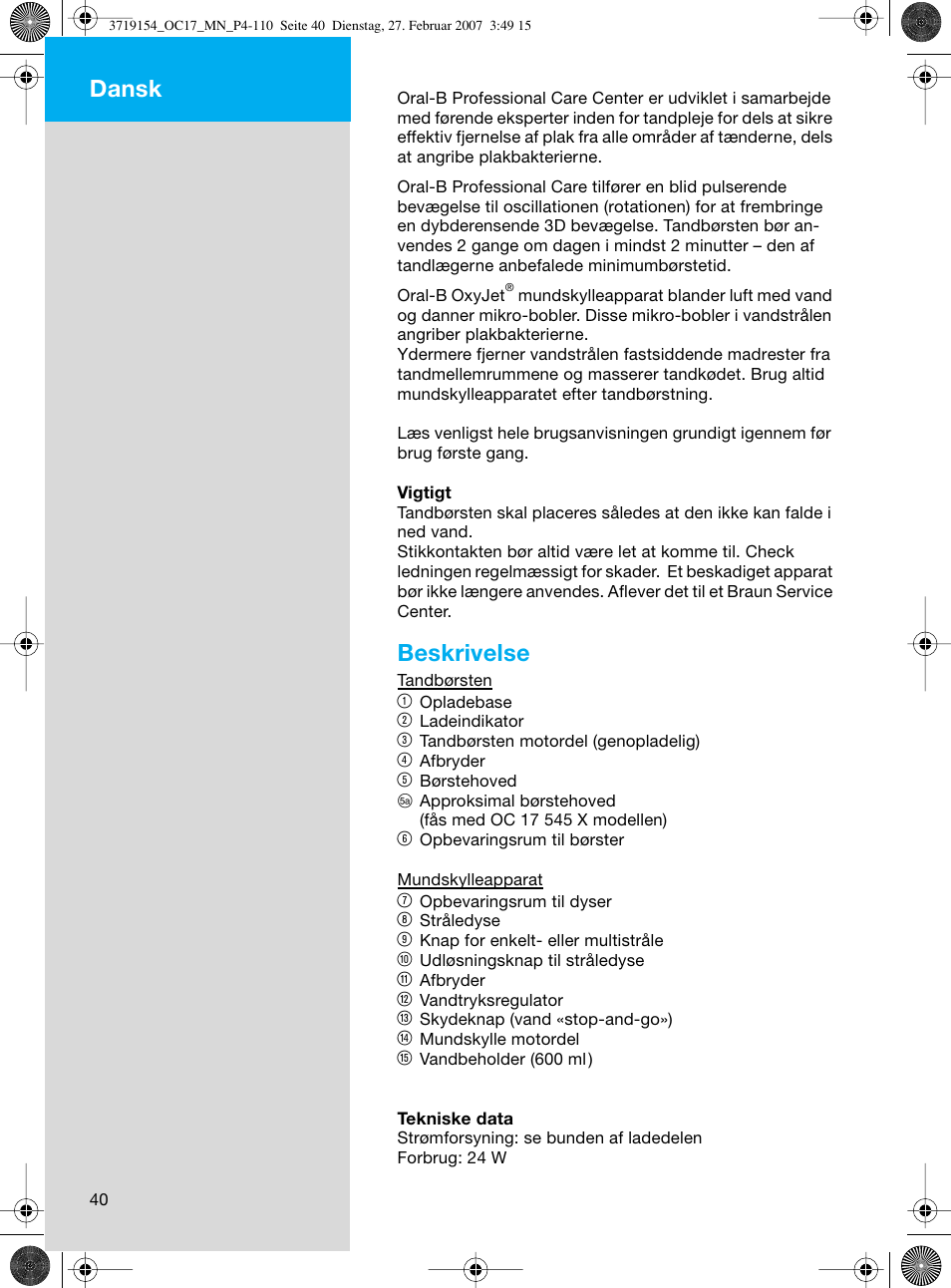 Beskrivelse, Dansk | Braun OC17 Professional Care Center User Manual | Page 40 / 107