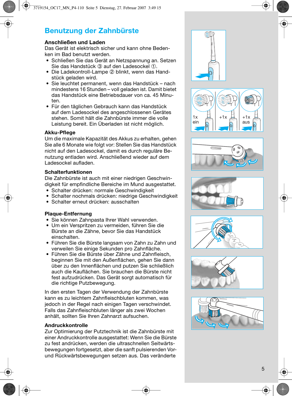 Benutzung der zahnbürste | Braun OC17 Professional Care Center User Manual | Page 5 / 107