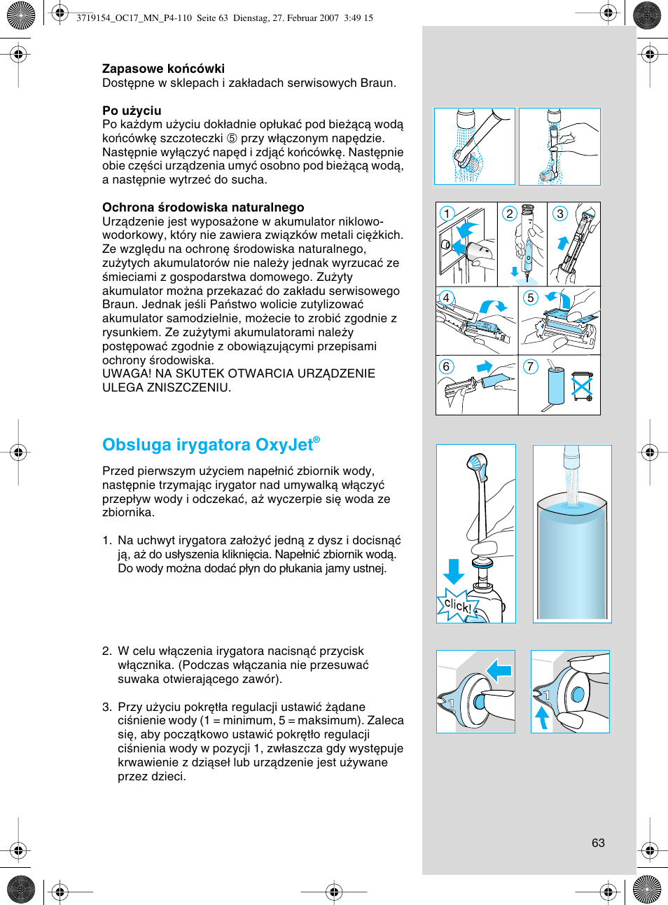 Obsluga irygatora oxyjet | Braun OC17 Professional Care Center User Manual | Page 63 / 107