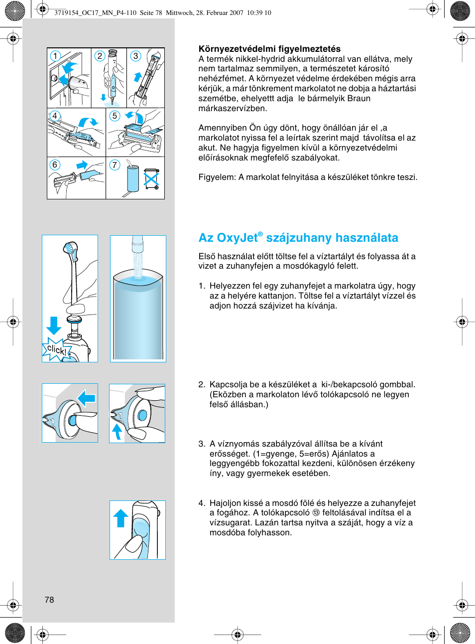 Az oxyjet, Szájzuhany használata | Braun OC17 Professional Care Center User Manual | Page 78 / 107