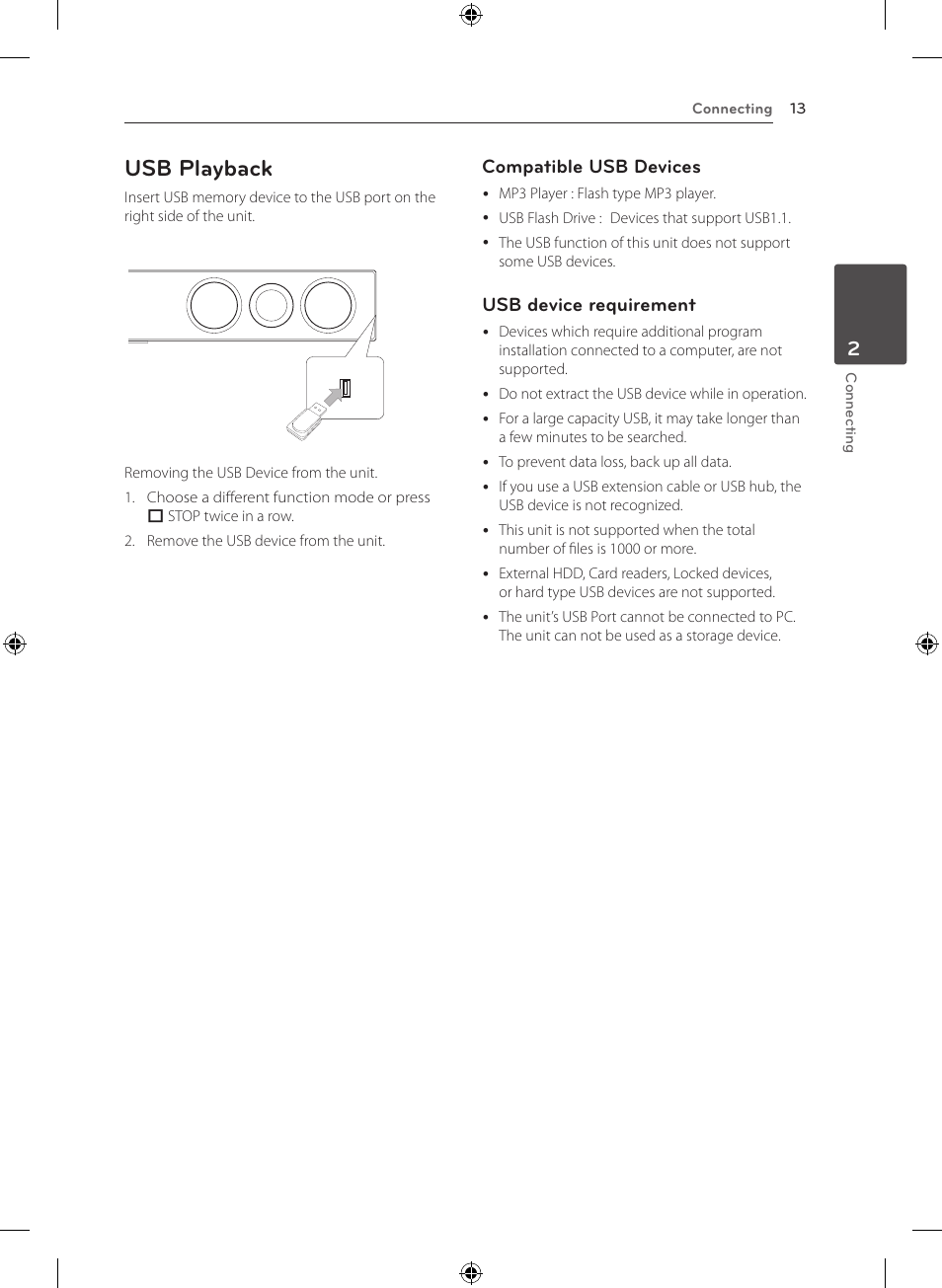 Usb playback, Compatible usb devices, Usb device requirement | LG NB2420A User Manual | Page 13 / 24