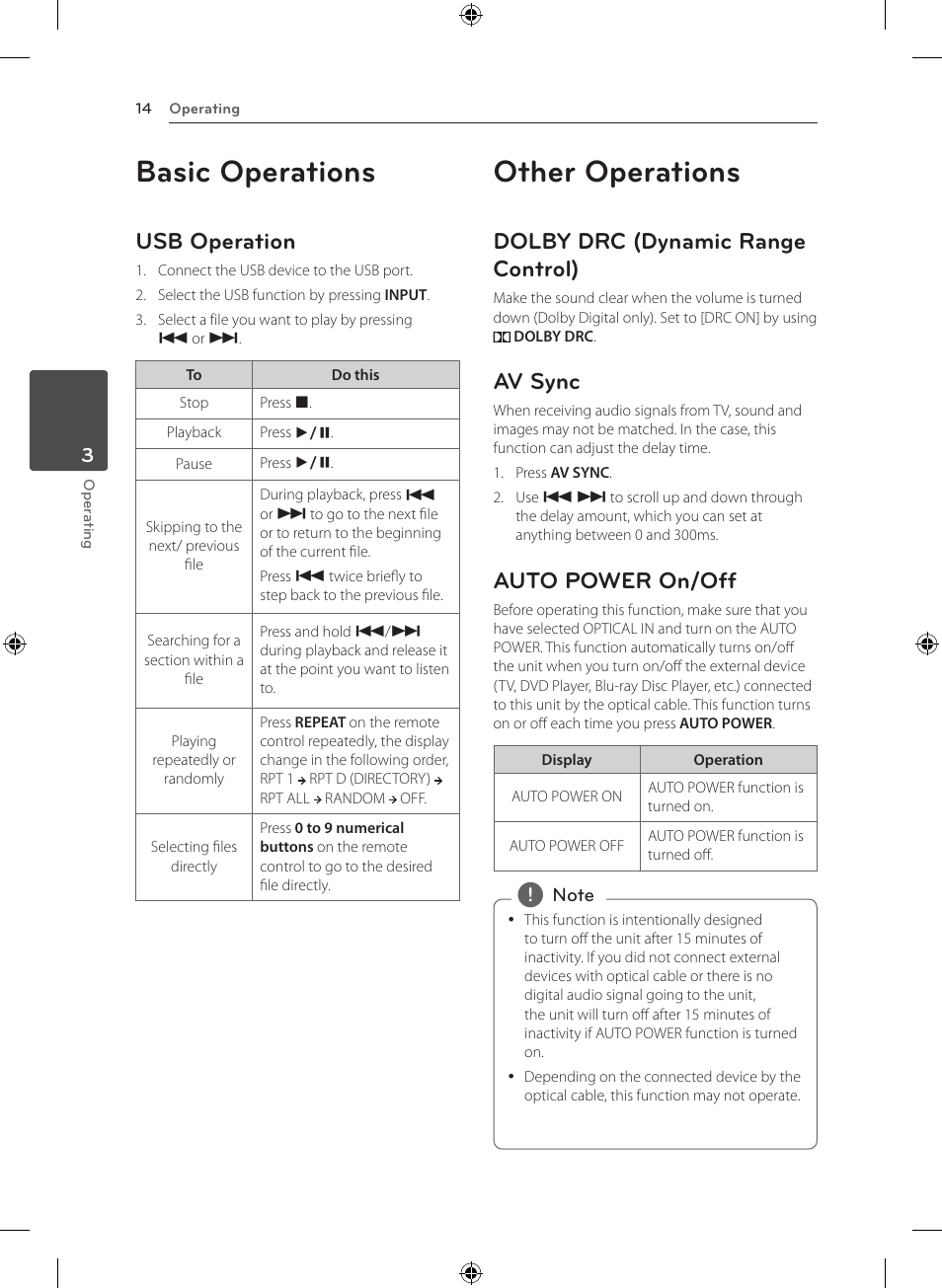 Basic operations, Other operations, Usb operation | Dolby drc (dynamic range control), Av sync, Auto power on/off | LG NB2420A User Manual | Page 14 / 24