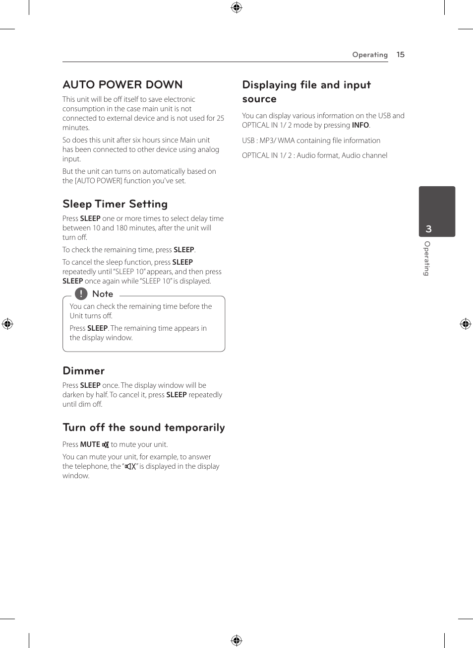 Auto power down, Sleep timer setting, Dimmer | Turn off the sound temporarily, Displaying file and input source | LG NB2420A User Manual | Page 15 / 24