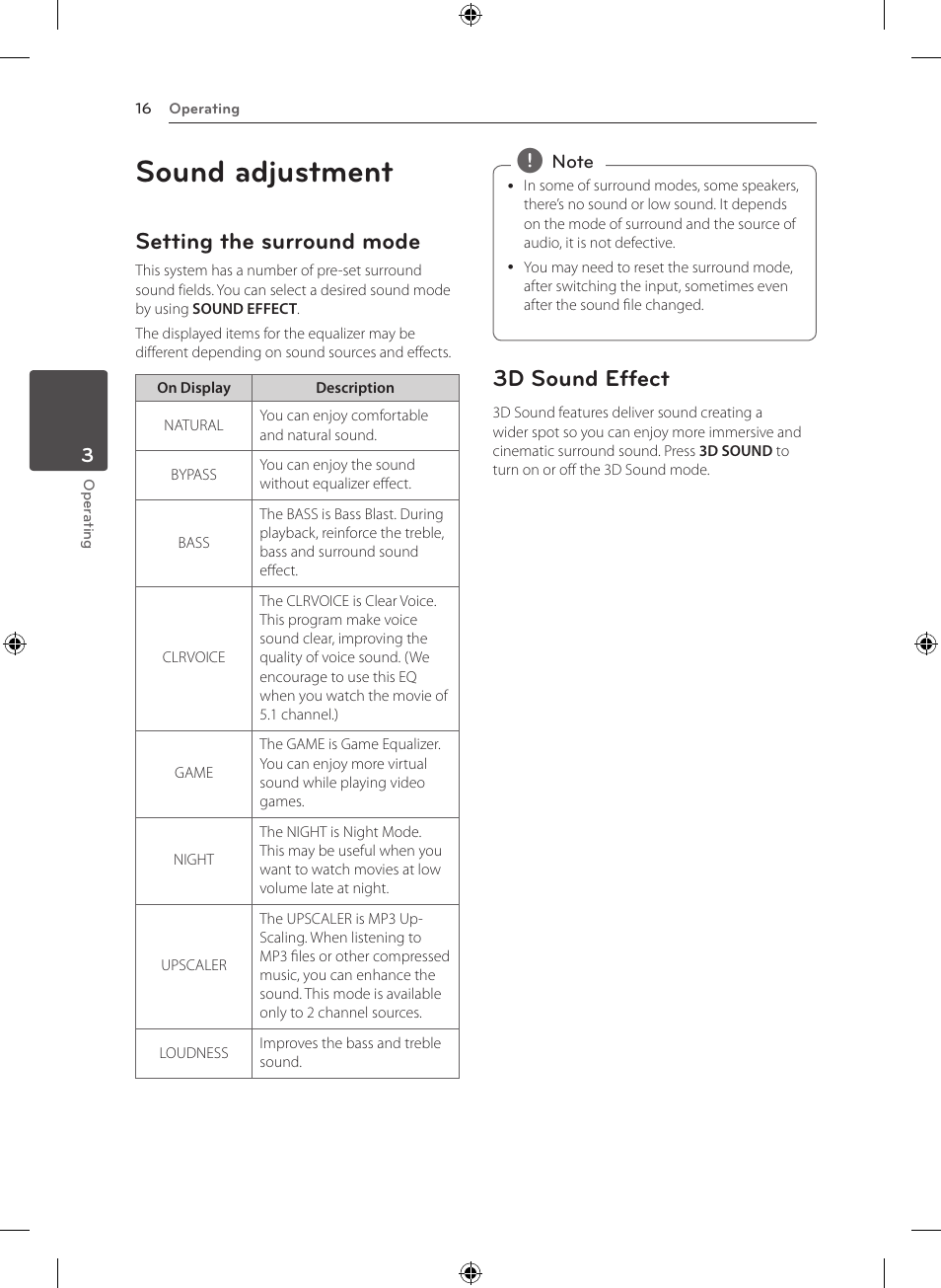 Sound adjustment, Setting the surround mode, 3d sound effect | LG NB2420A User Manual | Page 16 / 24