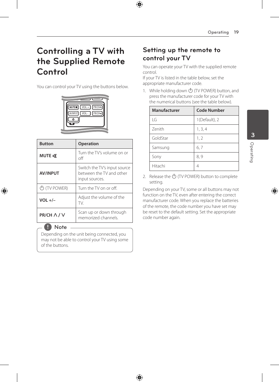 Controlling a tv with the supplied remote control, Setting up the remote to control your tv | LG NB2420A User Manual | Page 19 / 24