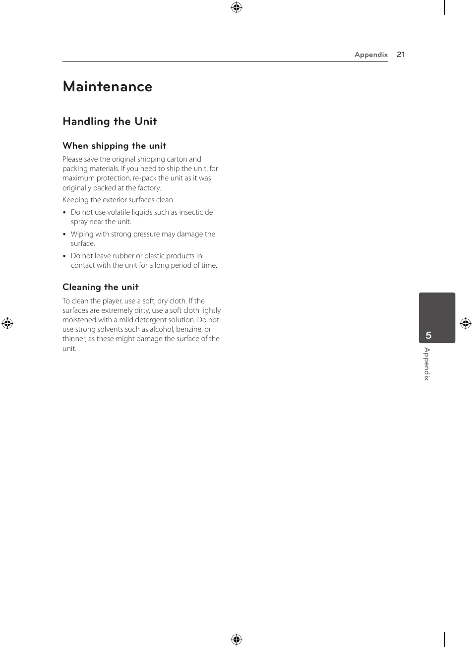 Maintenance, Handling the unit | LG NB2420A User Manual | Page 21 / 24