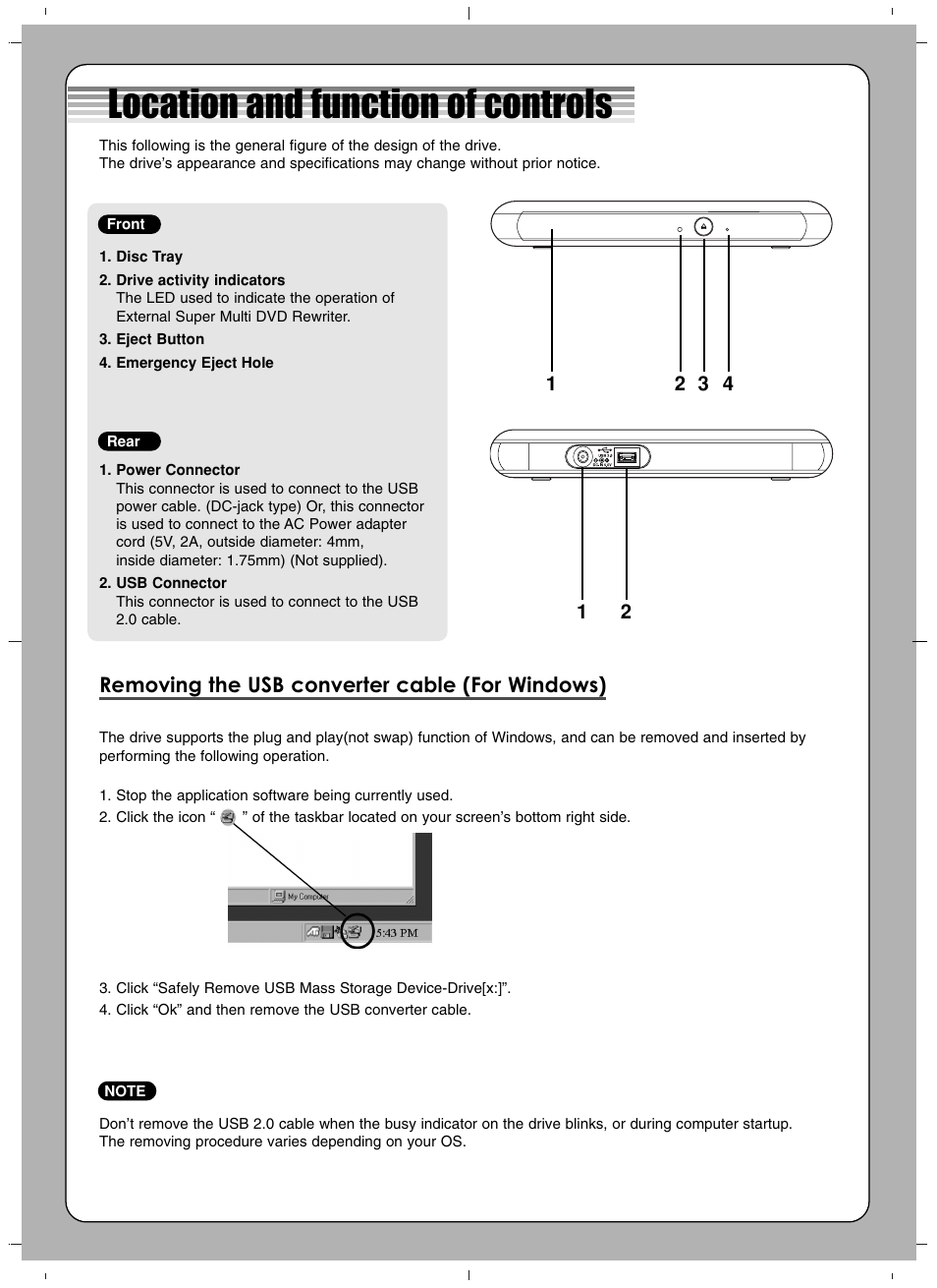 Location and function of controls, Removing the usb converter cable (for windows) | LG GP08LU10 User Manual | Page 2 / 4
