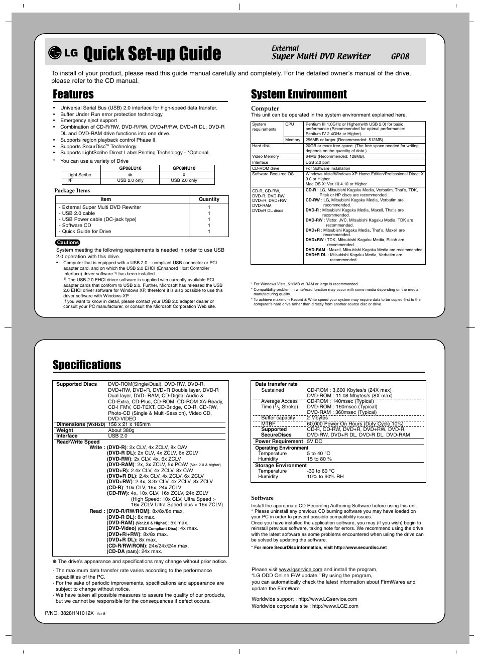 Quick set-up guide, Features, System environment | Specifications, Super multi dvd rewriter | LG GP08LU10 User Manual | Page 3 / 4