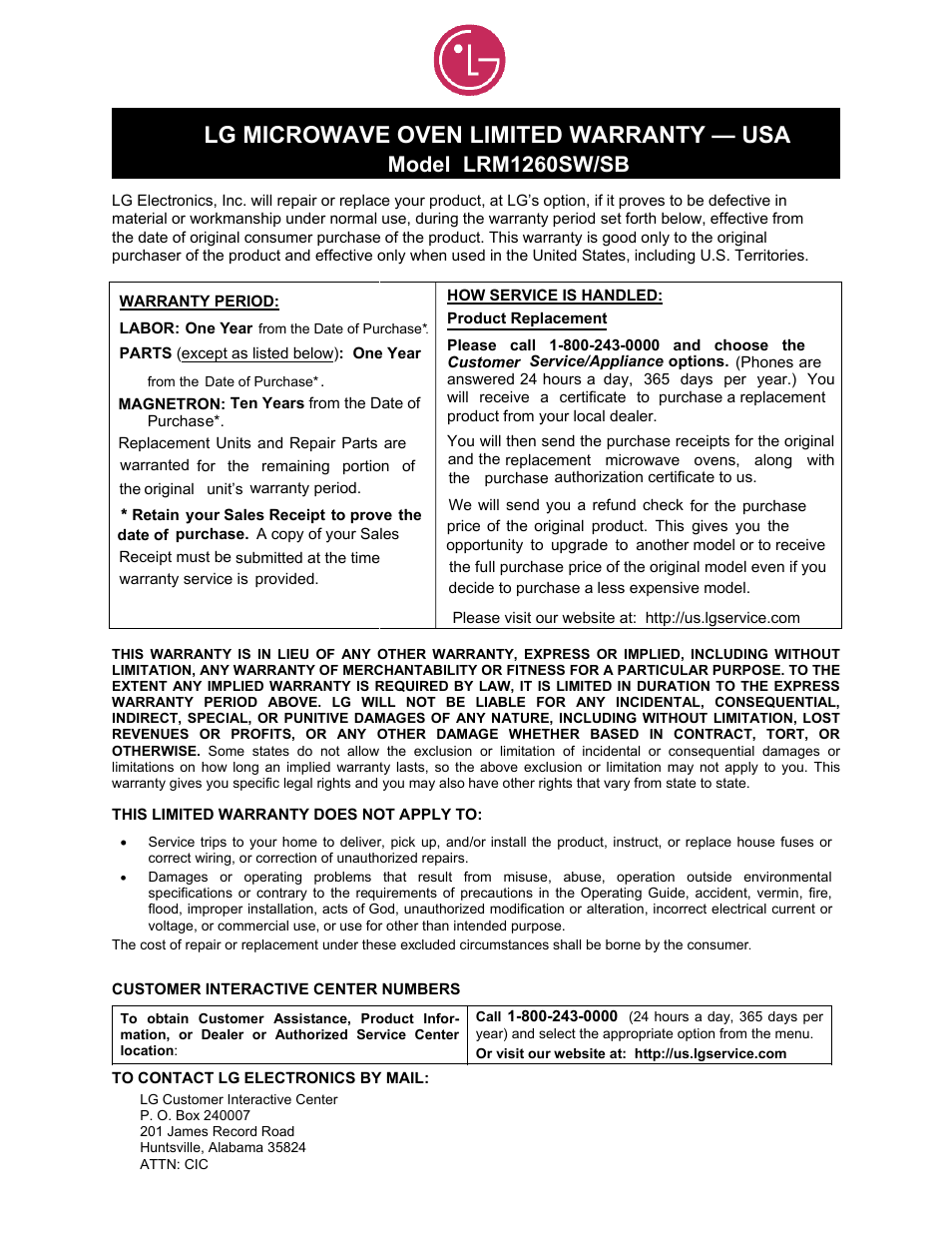 Lg microwave oven limited warranty — usa, Model lrm1260sw/sb | LG LRM1260SW User Manual | Page 24 / 25