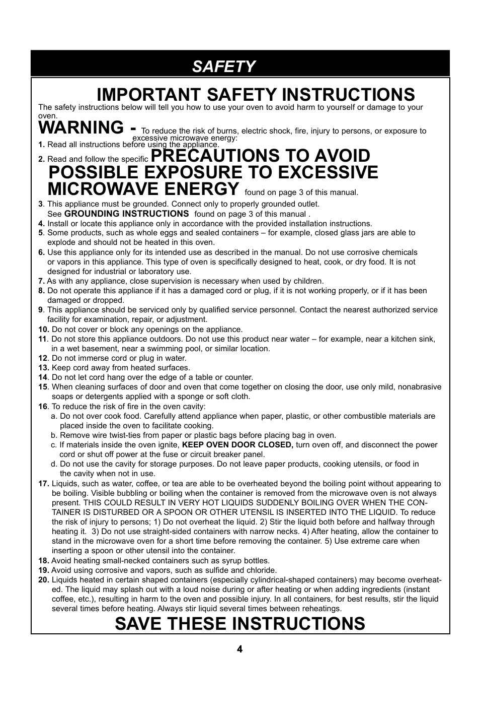 Important safety instructions, Warning, Save these instructions | Safety | LG LRM1260SW User Manual | Page 4 / 25