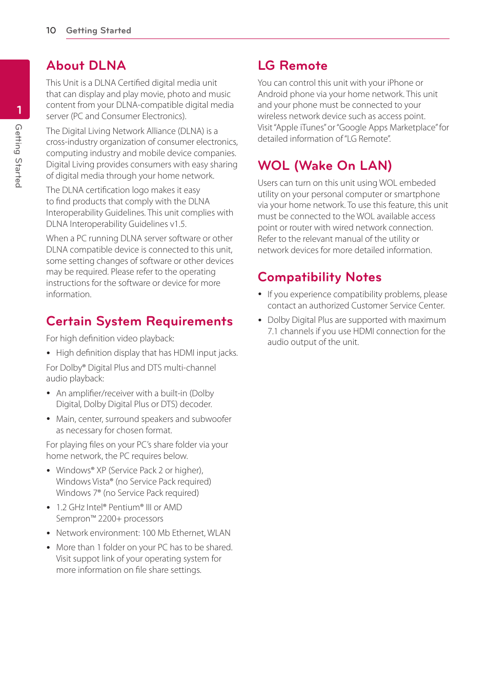 About dlna, Certain system requirements, Lg remote | Wol (wake on lan), Compatibility notes | LG ST600 User Manual | Page 10 / 54