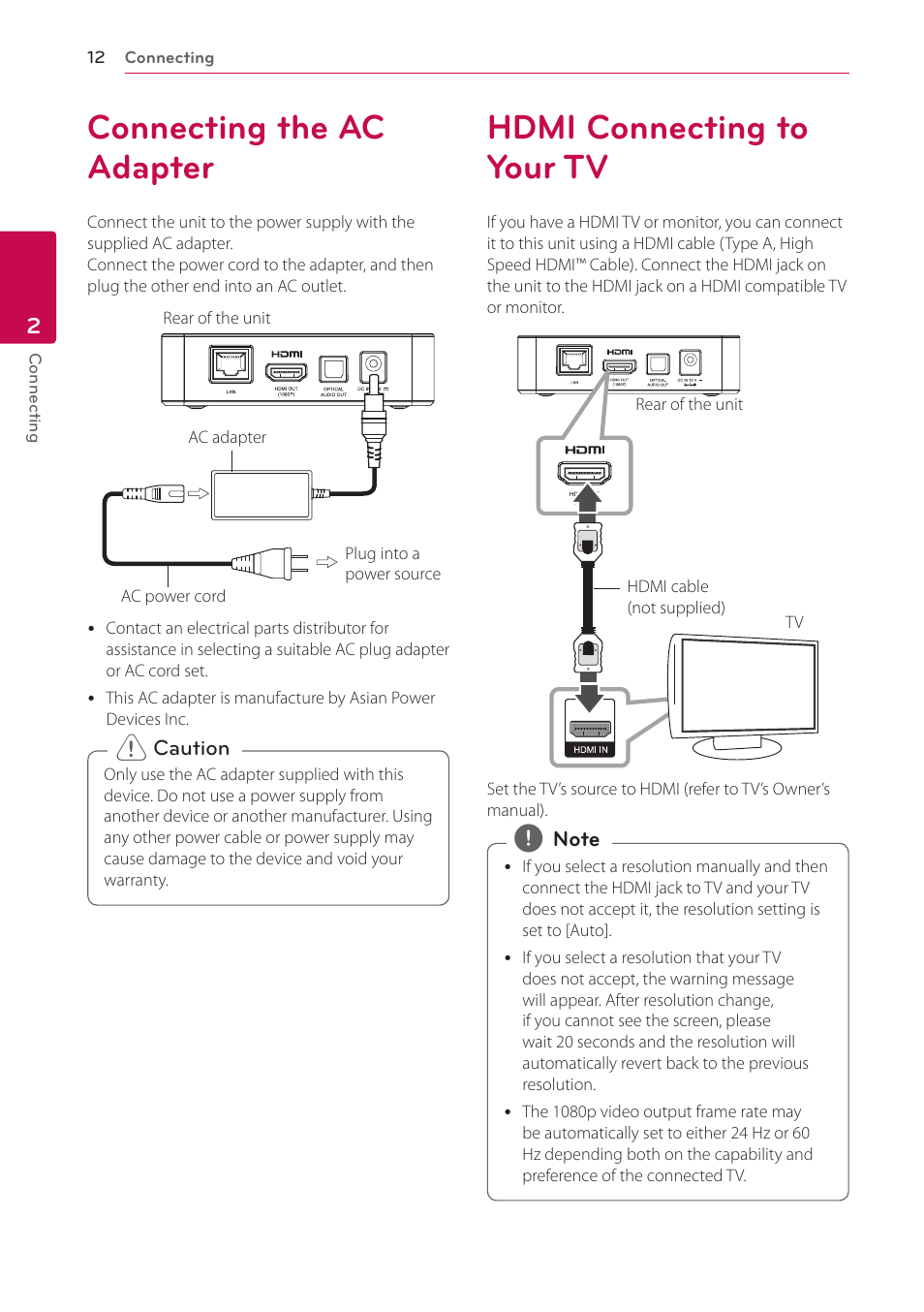 2 connecting, Connecting the ac adapter, Hdmi connecting to your tv | LG ST600 User Manual | Page 12 / 54