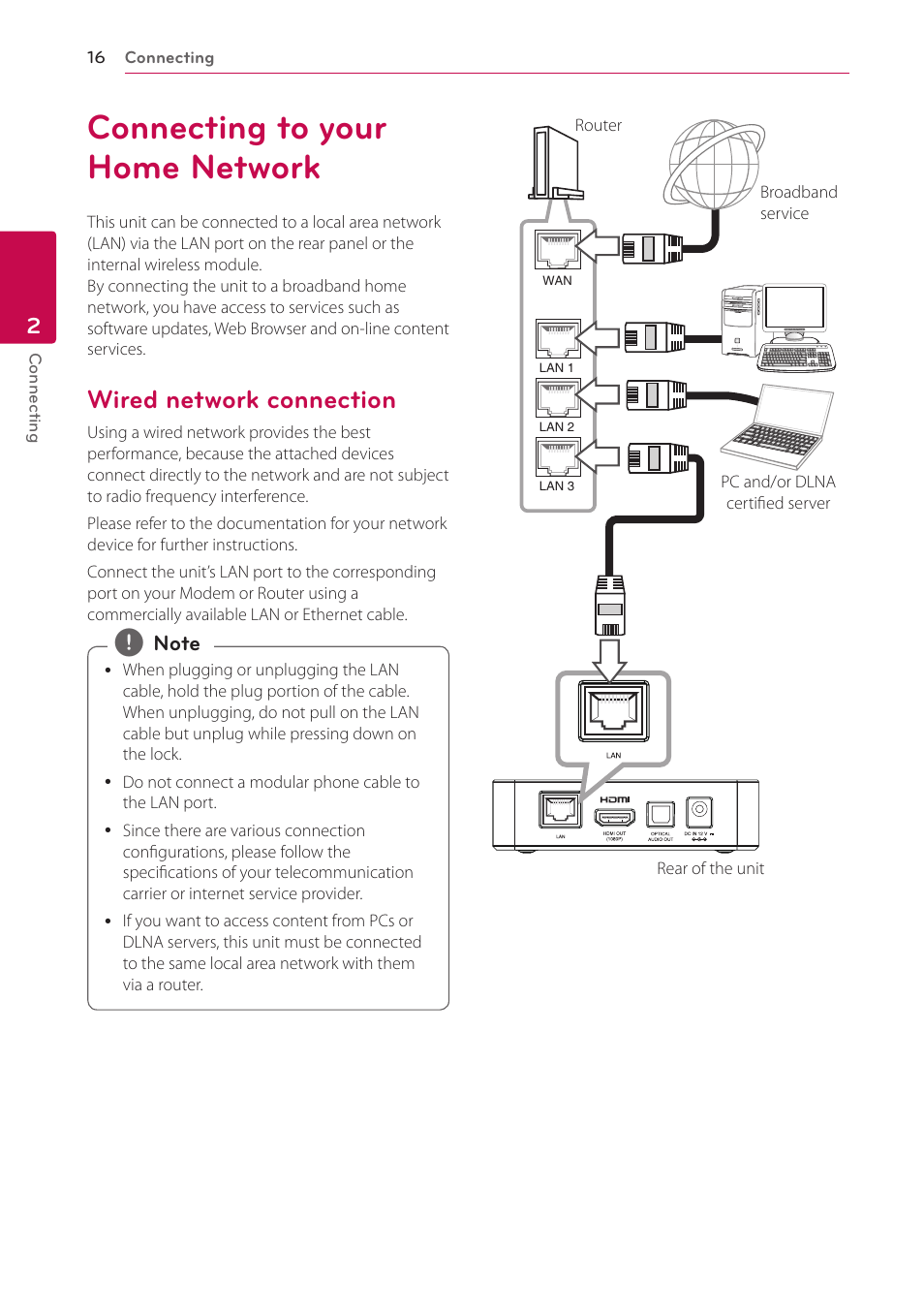 Connecting to your home network, Wired network connection, 16 – wired network connection | LG ST600 User Manual | Page 16 / 54