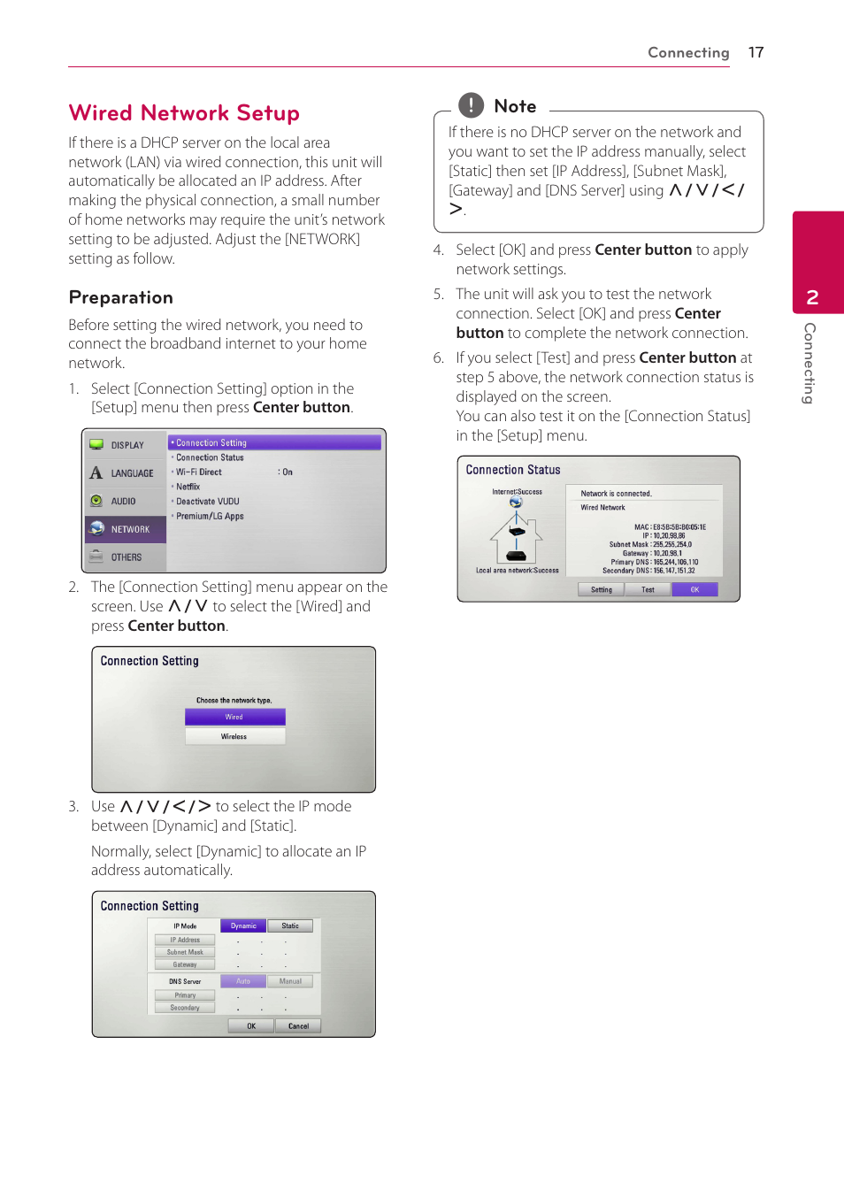 Wired network setup | LG ST600 User Manual | Page 17 / 54