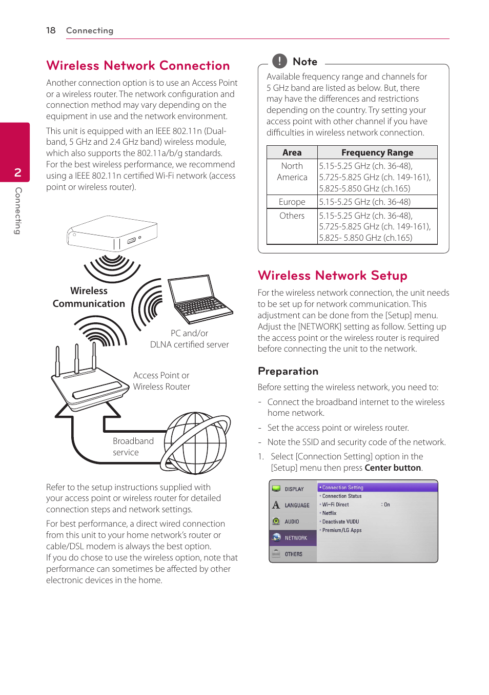 Wireless network connection, Wireless network setup | LG ST600 User Manual | Page 18 / 54