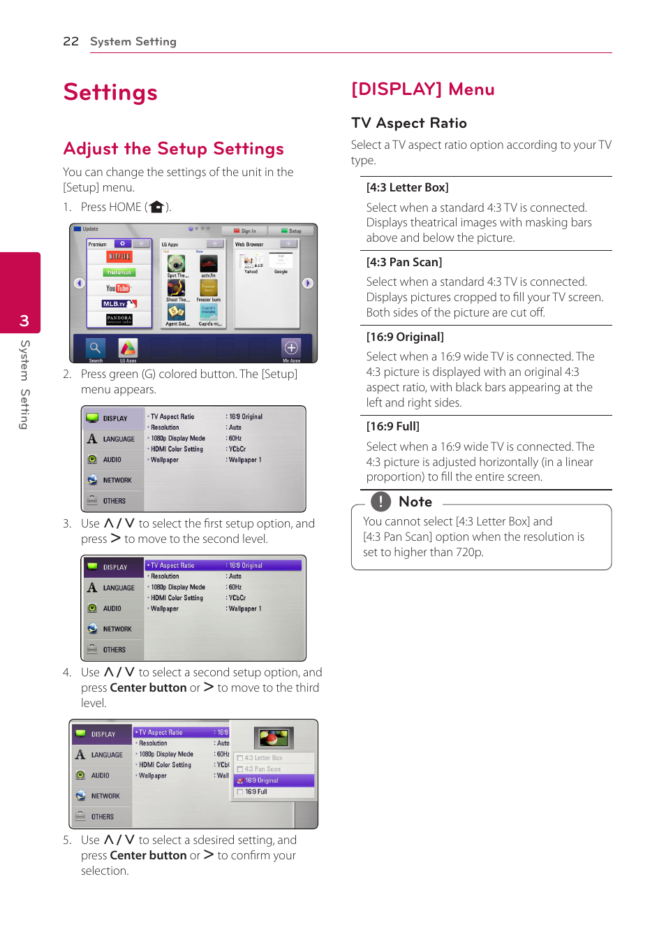 3 system setting, Settings, Adjust the setup settings | Display] menu | LG ST600 User Manual | Page 22 / 54