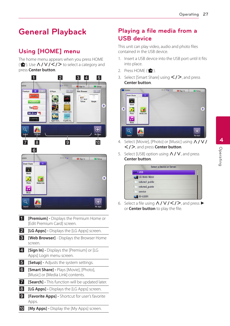 4 operating, General playback, Using [home] menu | Playing a file media from a usb device, Device | LG ST600 User Manual | Page 27 / 54