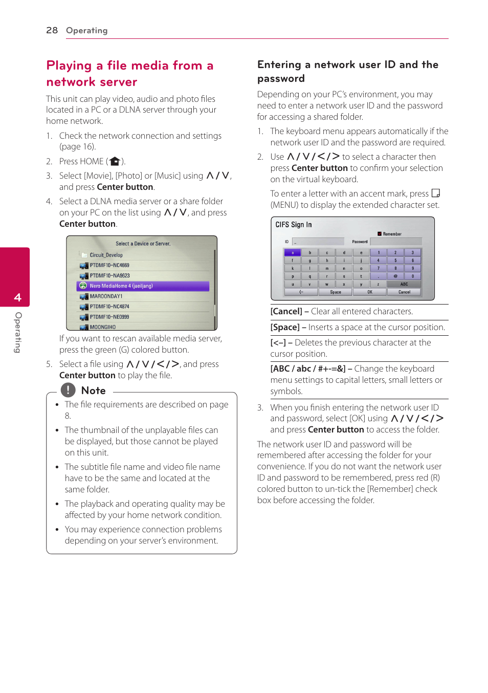 Playing a file media from a network server, 28 – playing a file media from a network, Server | LG ST600 User Manual | Page 28 / 54