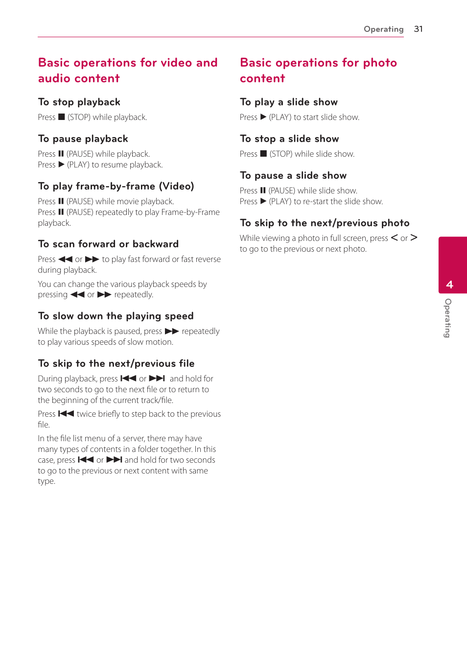 Basic operations for video and audio content, Basic operations for photo content, 31 – basic operations for video and audio | Content, 31 – basic operations for photo content | LG ST600 User Manual | Page 31 / 54