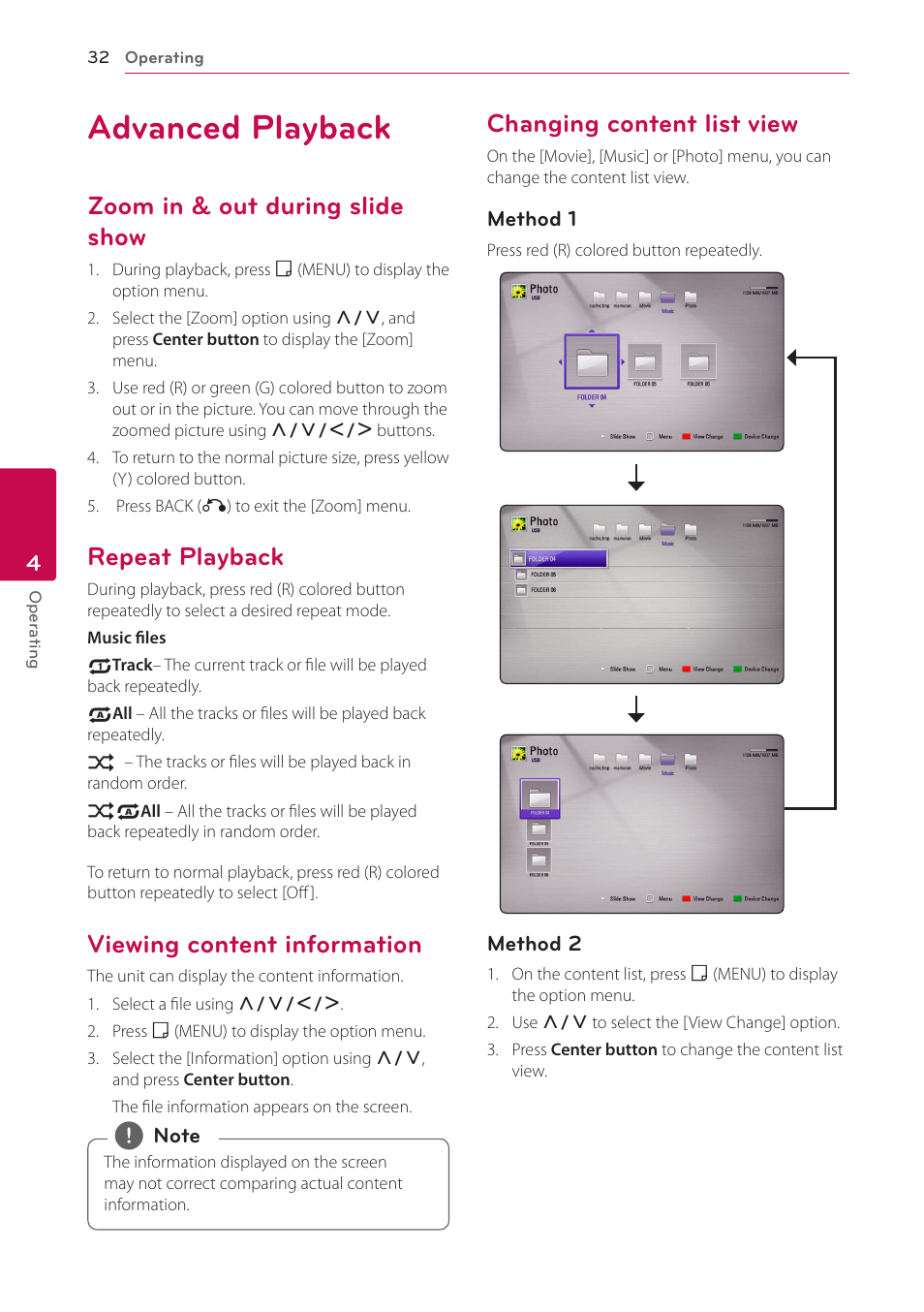 Advanced playback, Zoom in & out during slide show, Repeat playback | Viewing content information, Changing content list view | LG ST600 User Manual | Page 32 / 54