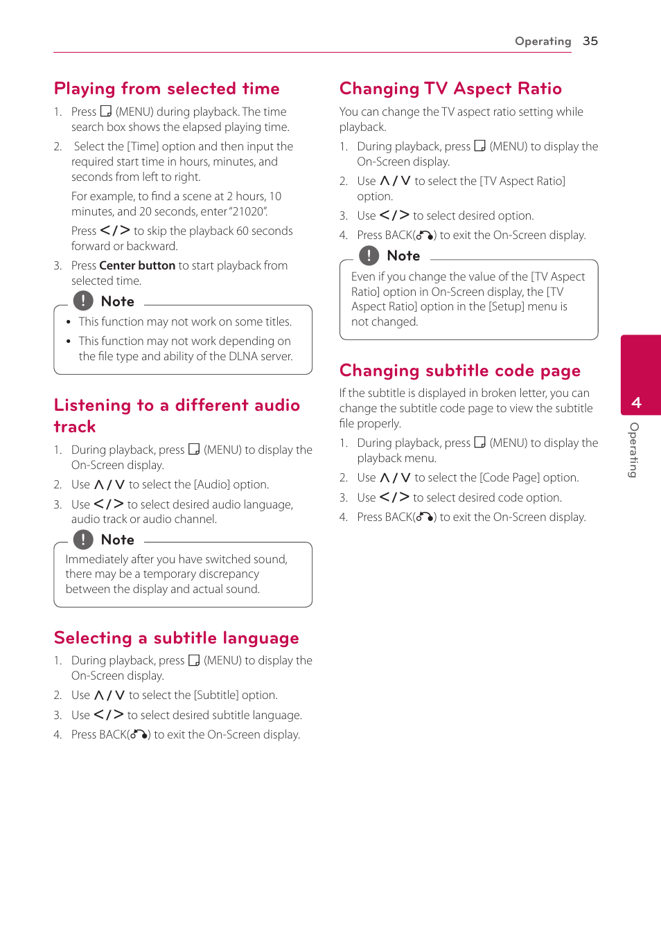 Playing from selected time, Listening to a different audio track, Selecting a subtitle language | Changing tv aspect ratio, Changing subtitle code page | LG ST600 User Manual | Page 35 / 54