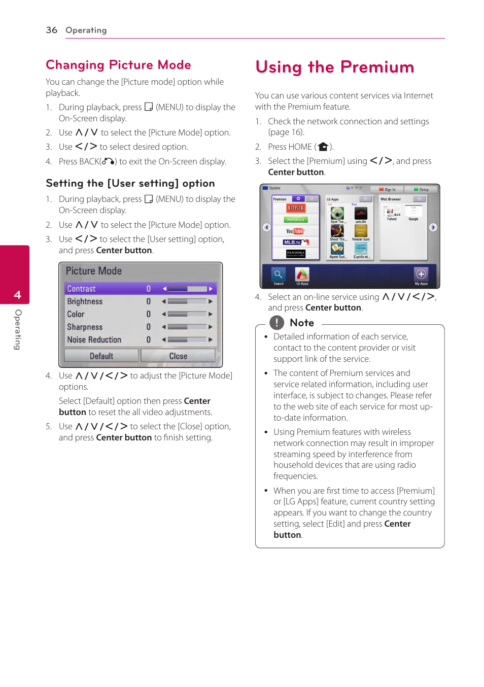 Changing picture mode, Using the premium, 36 – changing picture mode 36 using the premium | LG ST600 User Manual | Page 36 / 54