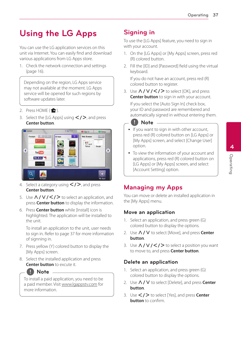 Using the lg apps, Signing in, Managing my apps | LG ST600 User Manual | Page 37 / 54