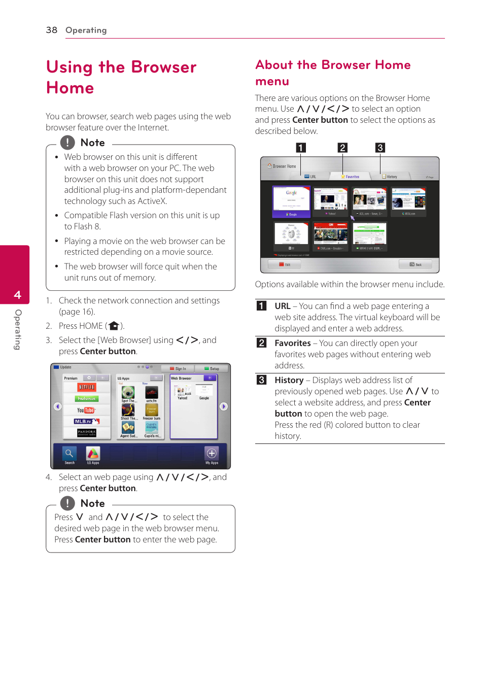 Using the browser home, About the browser home menu | LG ST600 User Manual | Page 38 / 54