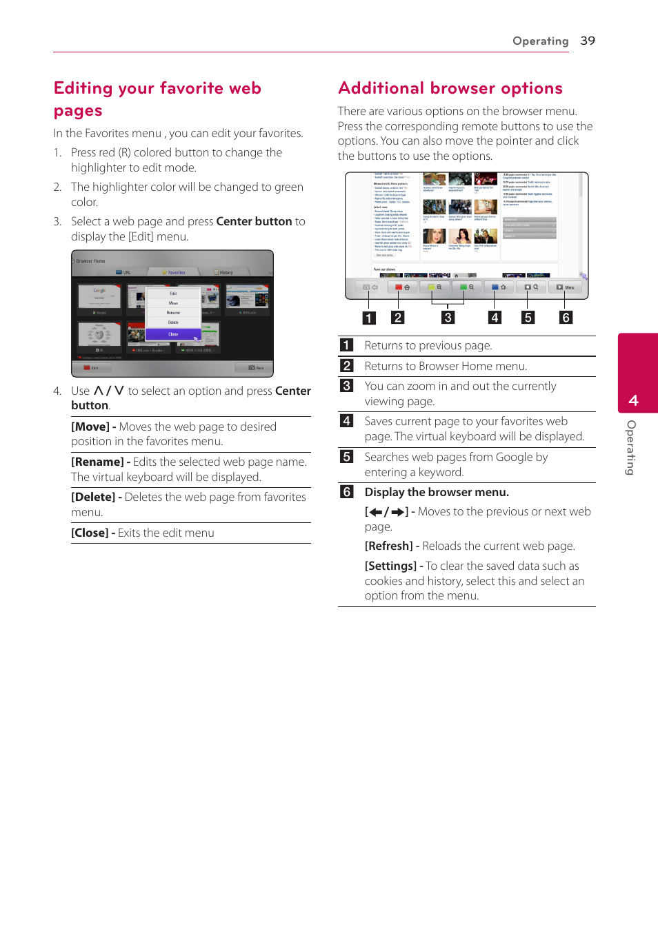 Additional browser options, Editing your favorite web pages | LG ST600 User Manual | Page 39 / 54