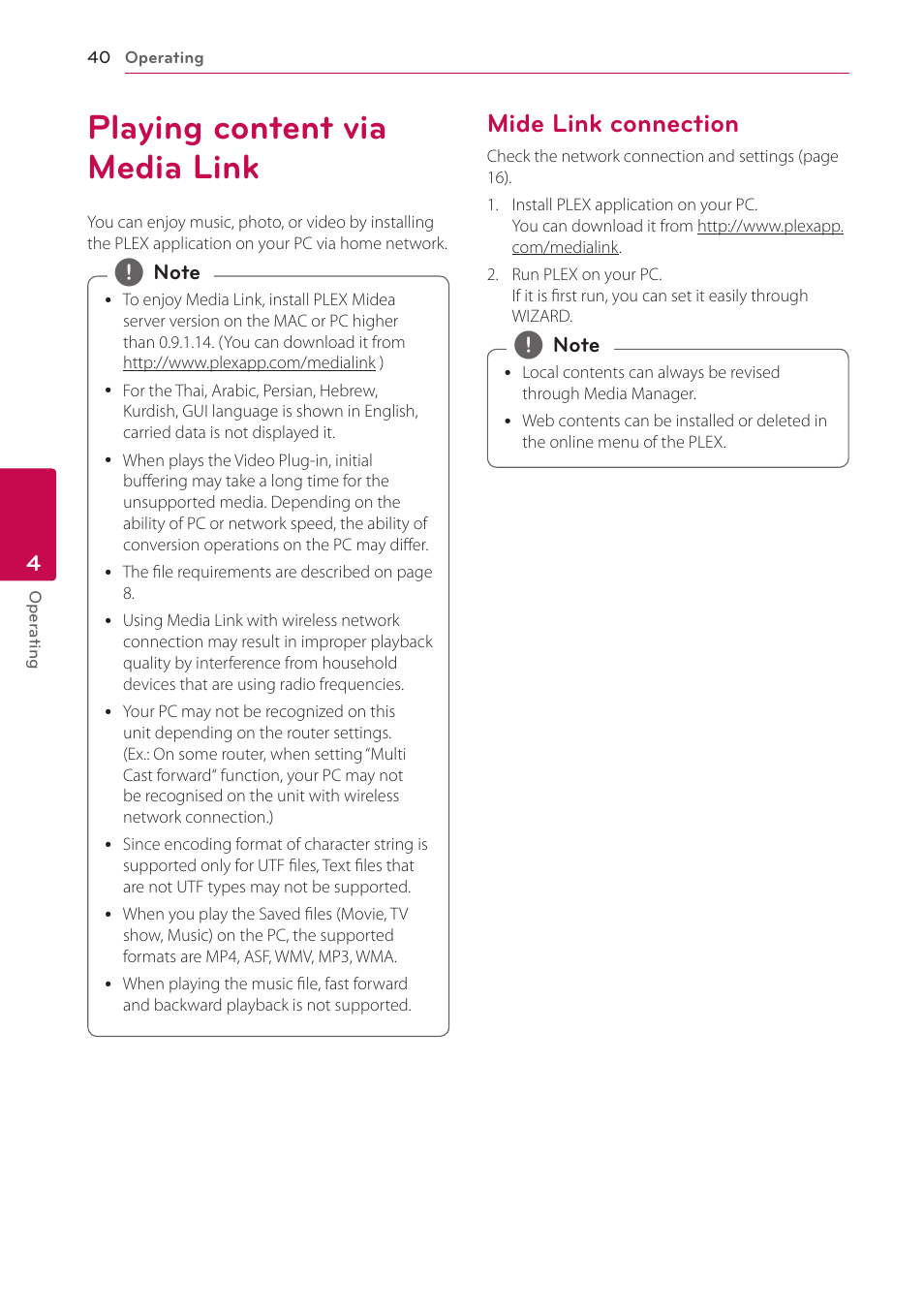Playing content via media link, Mide link connection | LG ST600 User Manual | Page 40 / 54