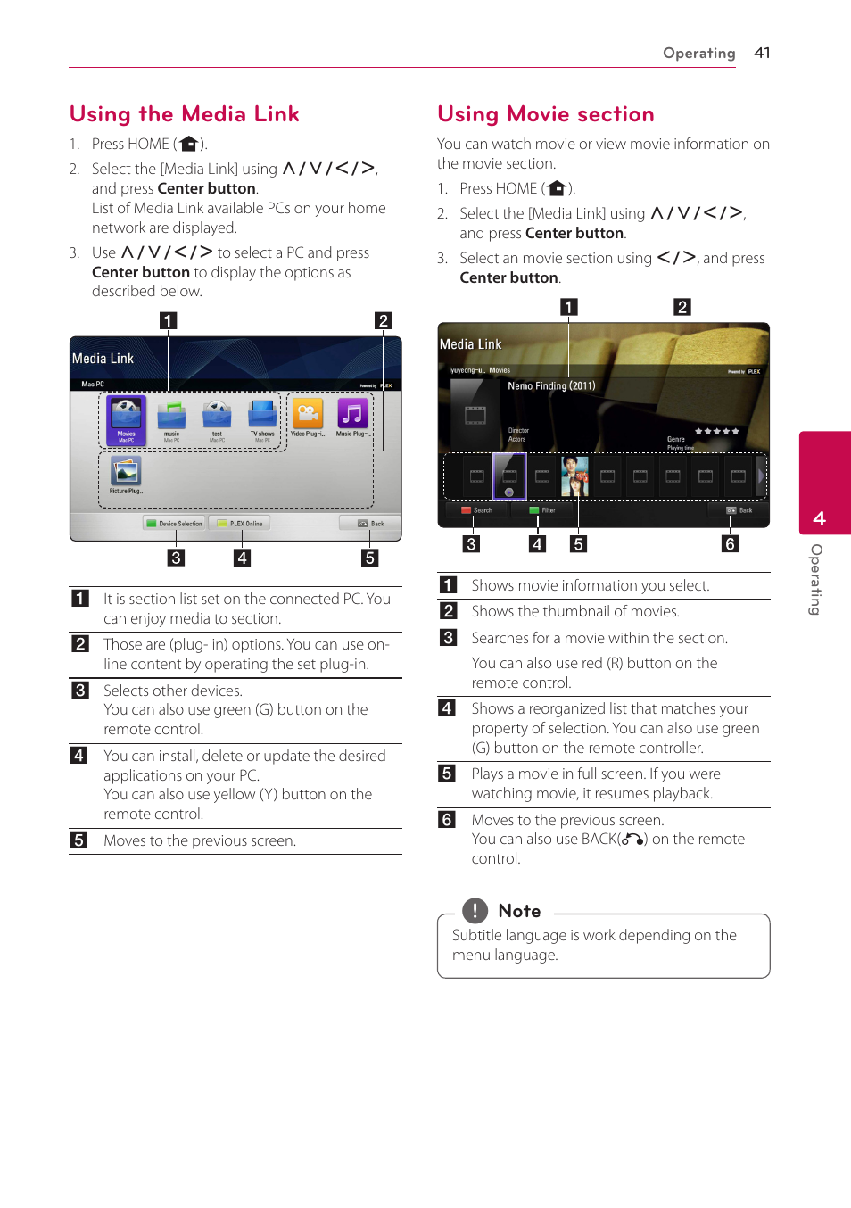Using the media link, Using movie section, 41 – using the media link 41 – using movie section | LG ST600 User Manual | Page 41 / 54