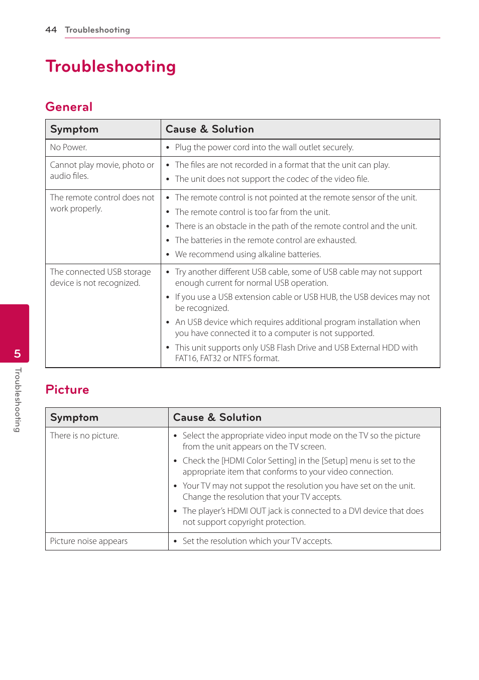 5 troubleshooting, Troubleshooting, General | Picture, 44 troubleshooting 44 – general 44 – picture | LG ST600 User Manual | Page 44 / 54