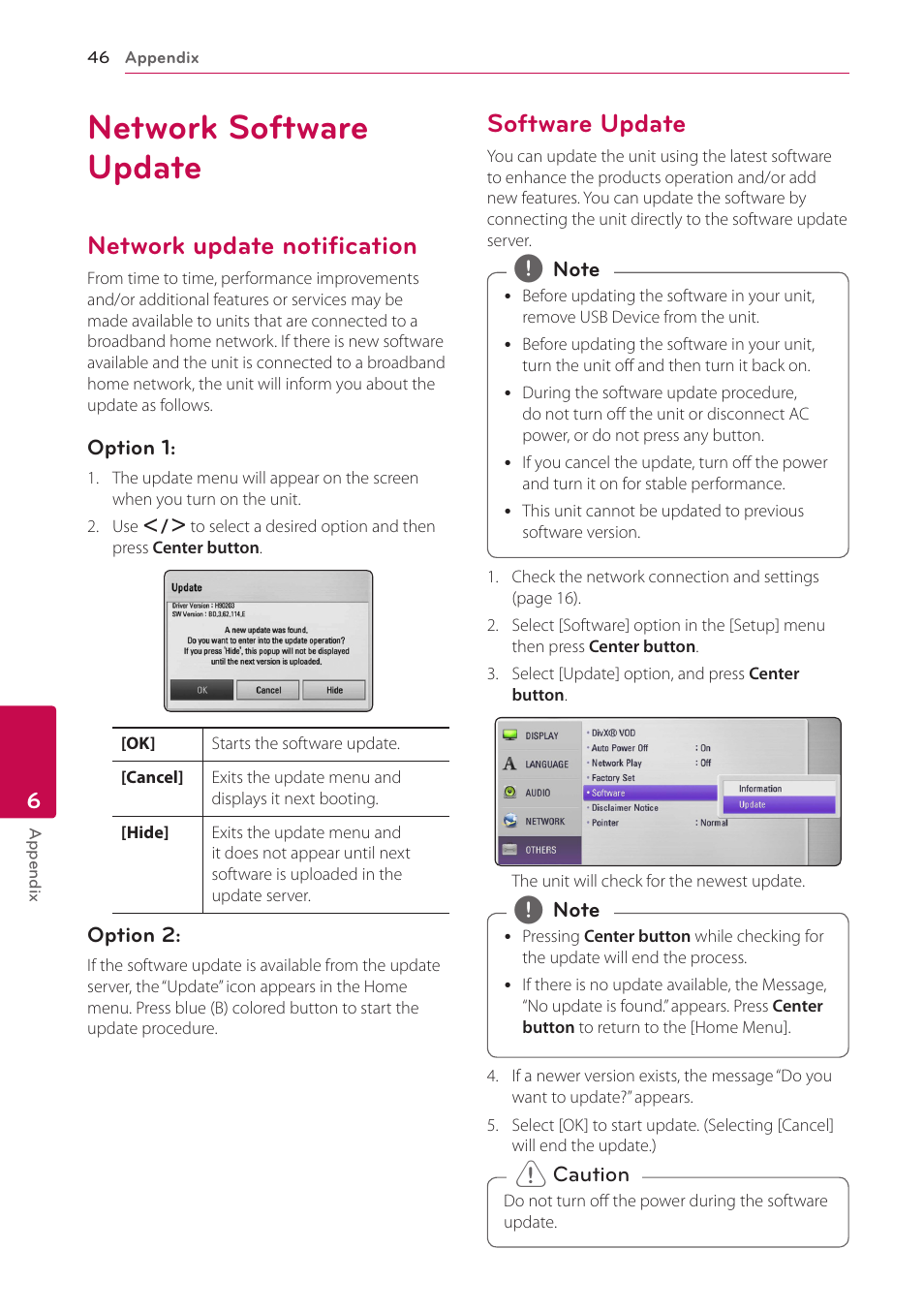 6 appendix, Network software update, Network update notification | Software update | LG ST600 User Manual | Page 46 / 54