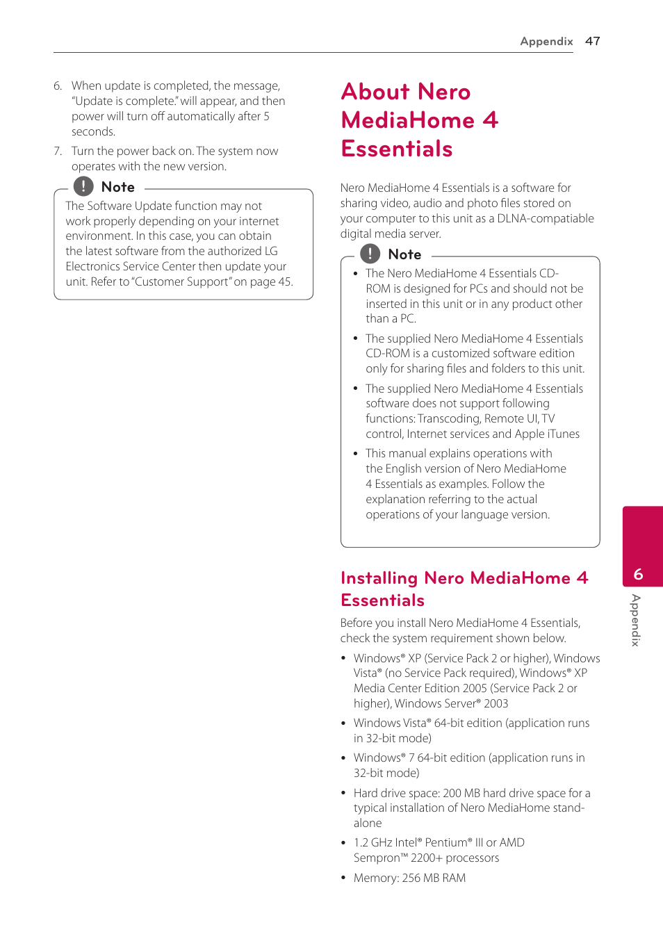 About nero mediahome 4 essentials, Installing nero mediahome 4 essentials, Essentials | LG ST600 User Manual | Page 47 / 54
