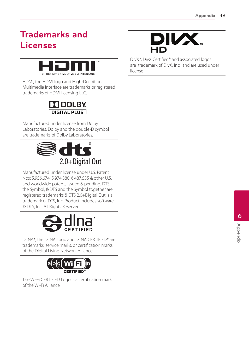 Trademarks and licenses, 49 trademarks and licenses | LG ST600 User Manual | Page 49 / 54