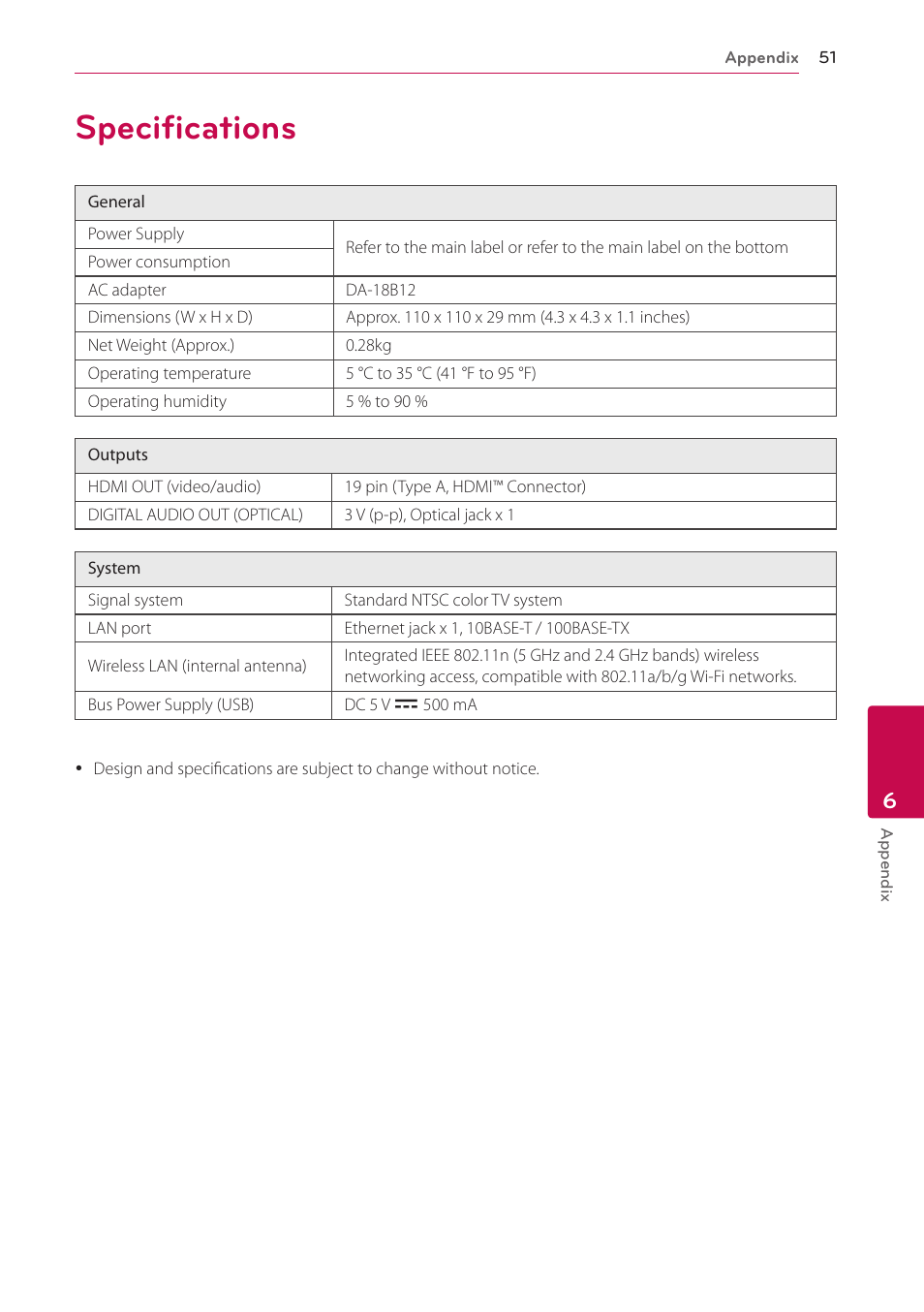 Specifications | LG ST600 User Manual | Page 51 / 54