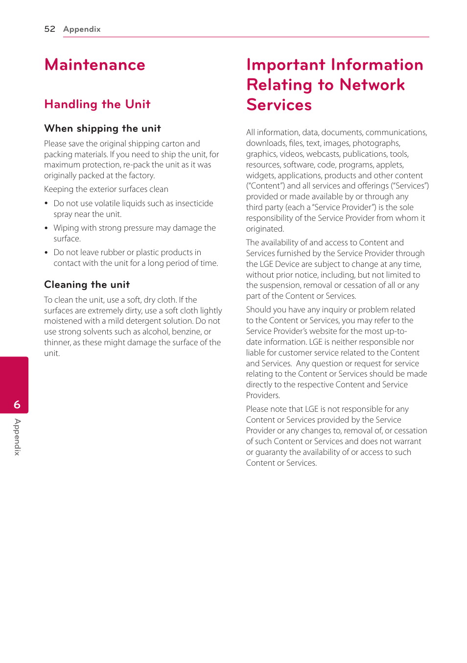 Maintenance, Handling the unit, Important information relating to network services | Network services | LG ST600 User Manual | Page 52 / 54