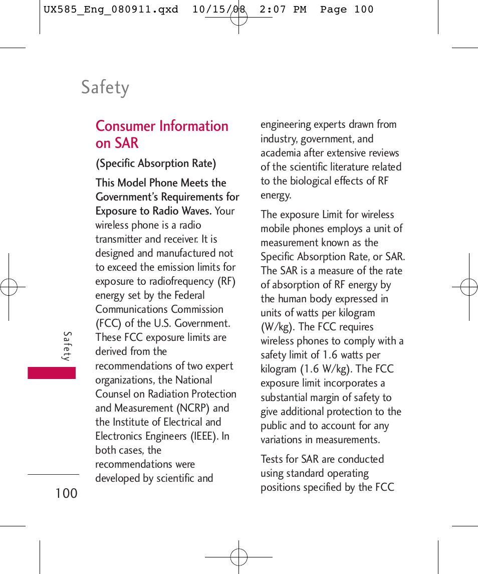 Safety, Consumer information on sar | LG LGUX585 User Manual | Page 102 / 240
