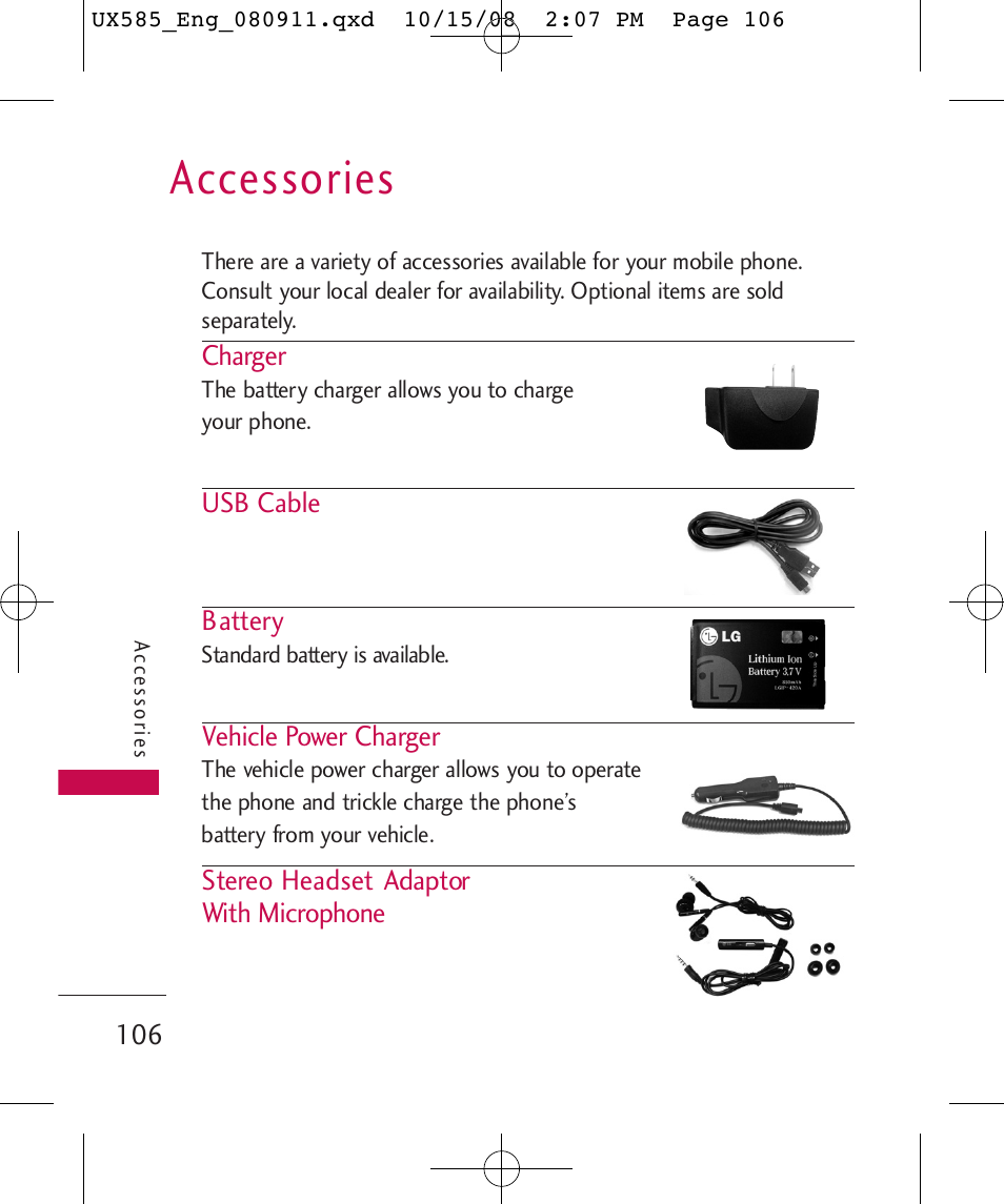 Accessories | LG LGUX585 User Manual | Page 108 / 240