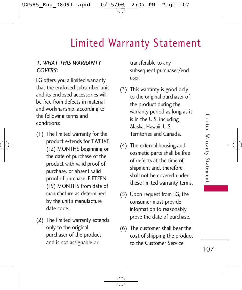 Limited warranty statement | LG LGUX585 User Manual | Page 109 / 240