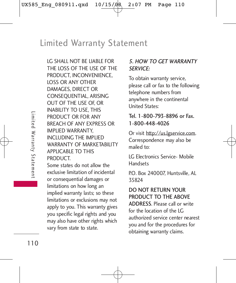 Limited warranty statement | LG LGUX585 User Manual | Page 112 / 240