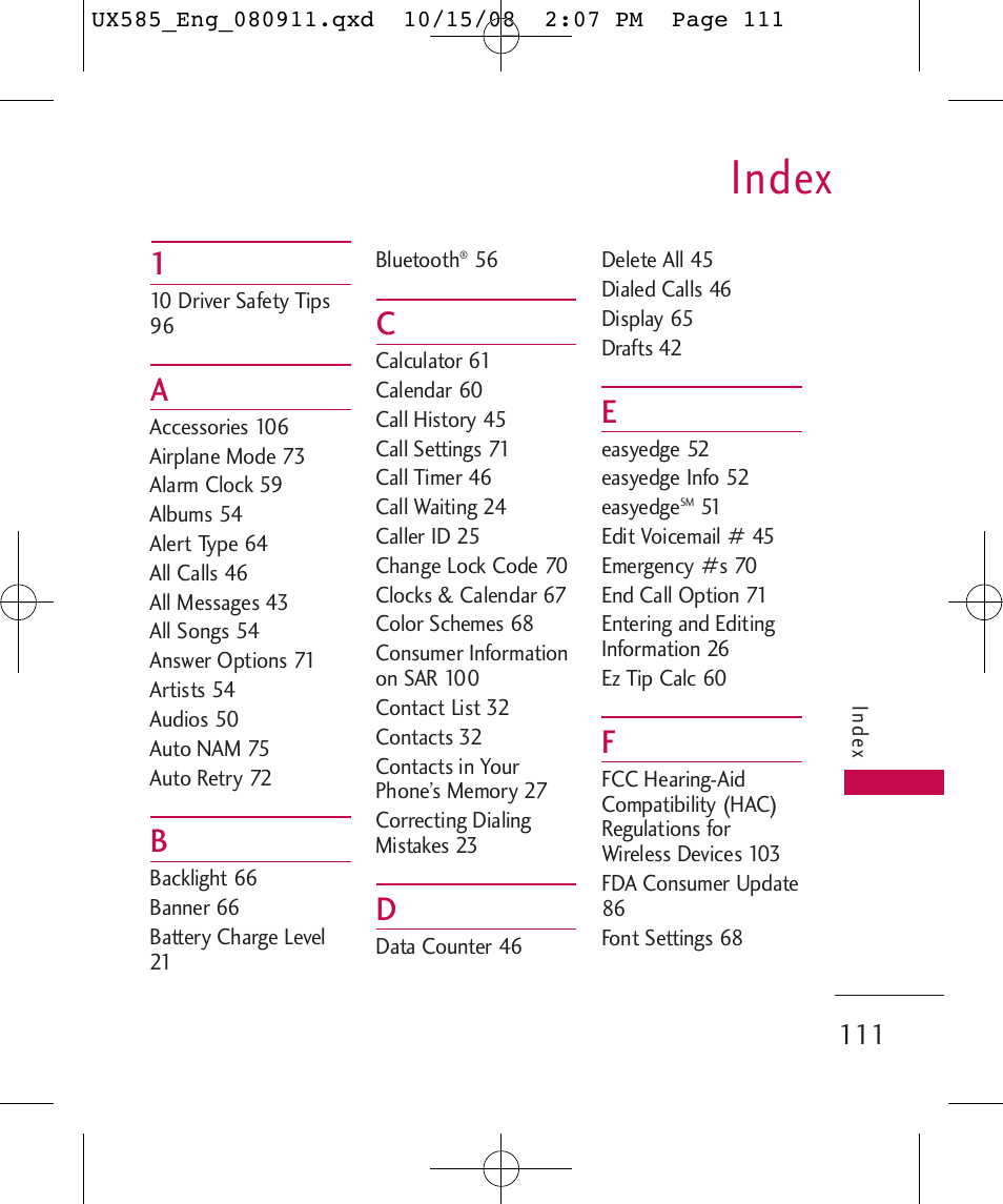 Index | LG LGUX585 User Manual | Page 113 / 240