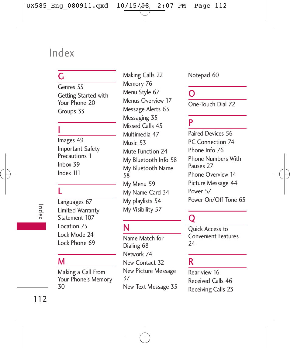 Index | LG LGUX585 User Manual | Page 114 / 240