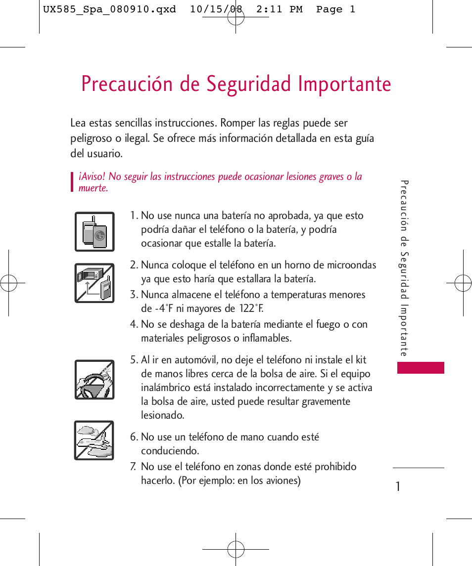 Precaución de seguridad importante | LG LGUX585 User Manual | Page 116 / 240