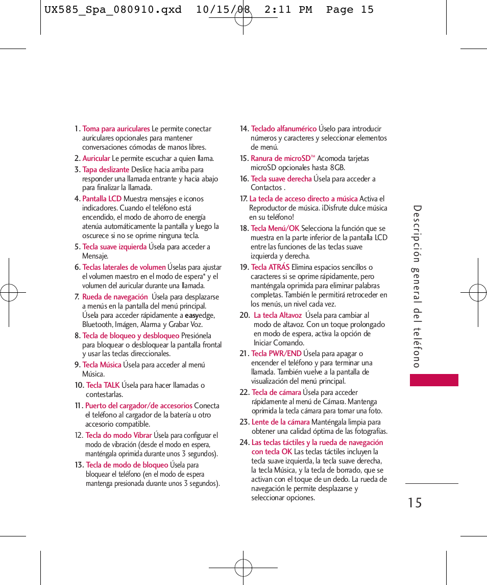 De scripción gener al del t eléfono | LG LGUX585 User Manual | Page 130 / 240